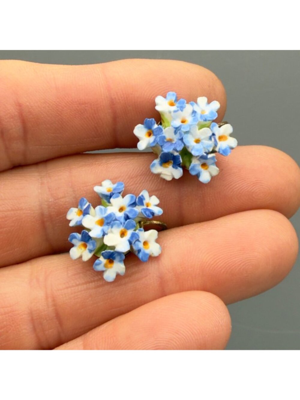 Vintage Denton England Blue Yellow Porcelain Flower Cluster Earrings Set of 2 - Picture 8 of 14